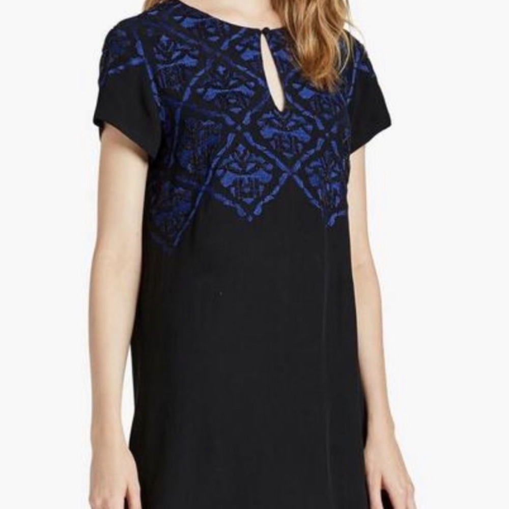 LUCKY BRAND black with blue embroidered dress. S